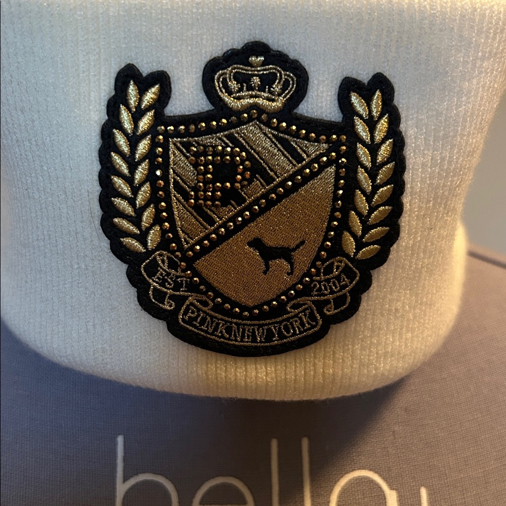 PINK Victoria's Secret White Beanie with Gold Emblem - Picture 7 of 8